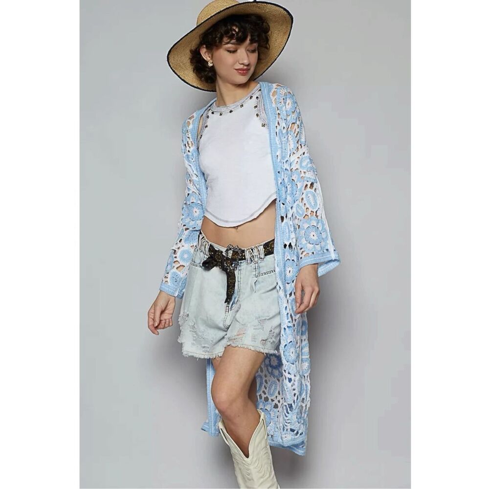 POL Blue Crochet Duster Cardigan Boho Kimono Open Knit Lace Patchwork Floral NEW - Picture 4 of 16
